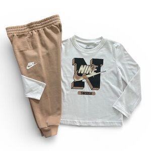 *New* Nike Long Sleeve Logo T-Shirt & Tan Jogger Pants 2 Piece Set Boys Size 4